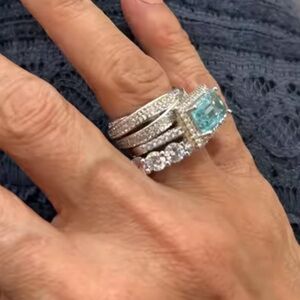 Statement Elegant Silver-tone and Blue Gemstone Rings Set of 3 Size 9